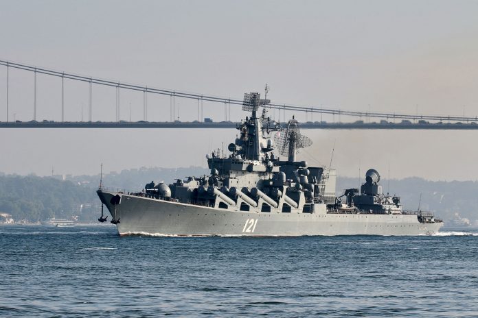 The Russian Navy's guided missile cruiser Moskva sails in Istanbul's Bosphorus